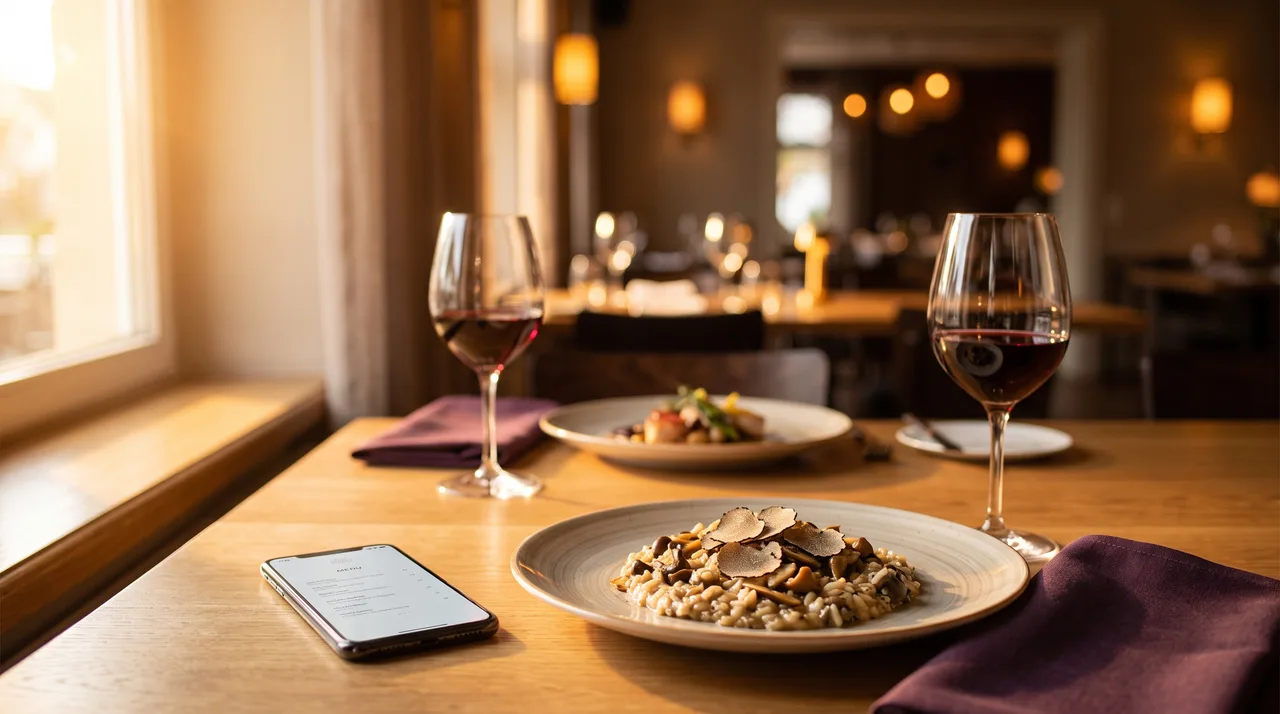 Mesa de restaurante com copo de vinho e menu digital no telemóvel, ilustrando estratégias para aumentar o ticket médio