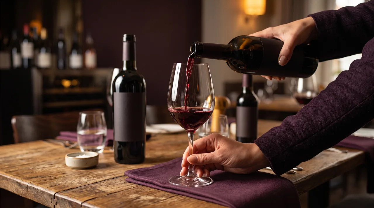 Sommelier a servir vinho tinto num copo à mesa, ilustrando como vender mais vinho no restaurant